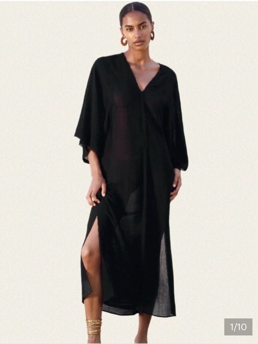 Nwot Zara Black V-Neck Swim Cover-Up Kaftan Frayed Edge Side Slits